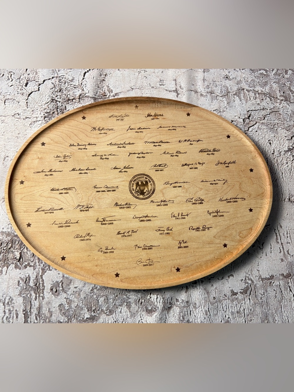 U.S. Presidents listed on Wood Platter